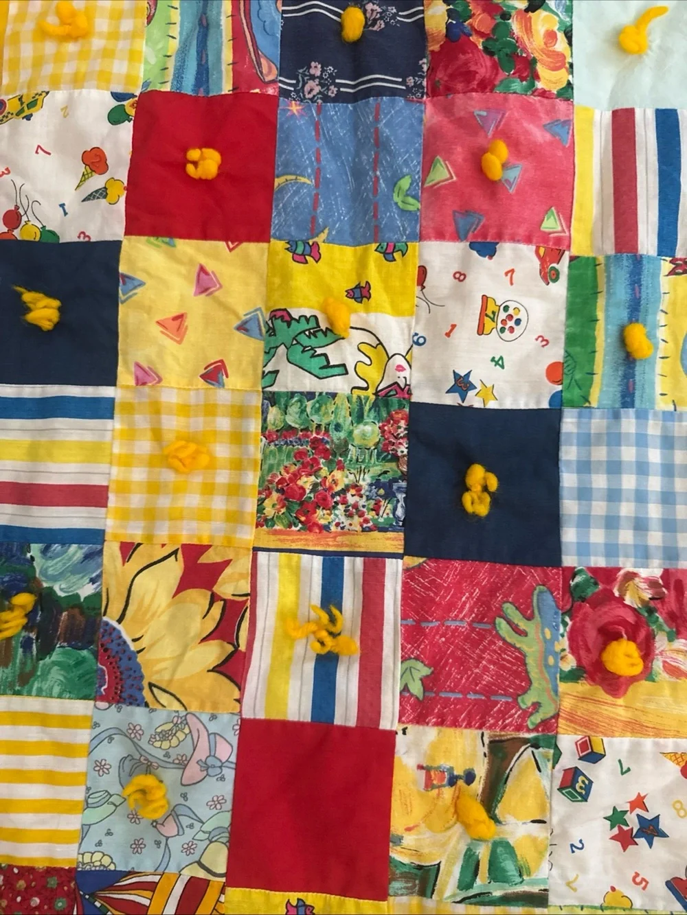Vintage Handmade Crazy Quilt Baby Blanket 40x54 80s 90s Retro Bright Abstract
